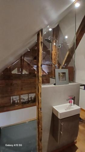 La salle de bains est pourvue d'un lavabo et d'un plafond en bois. dans l'établissement Maison de village, à La Roche-de-Rame