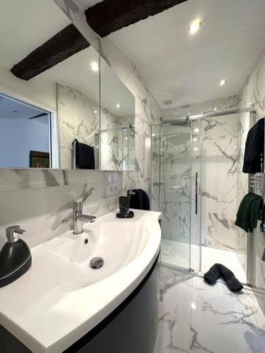 une salle de bain avec un lavabo et une douche dans l'établissement Riviera Cottage, à Antibes