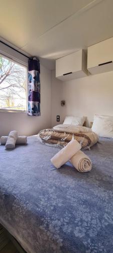 une chambre avec deux lits et une fenêtre dans l'établissement Camping La Grand'Terre 4 étoiles - Linge de maison inclus - Clim - TV - Plancha - Lave-vaisselle - 4 personnes 2 chambres, à Ruoms