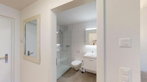 a bathroom with a shower and a toilet and a sink at Cute and central studio - Sun 11 in Zurich