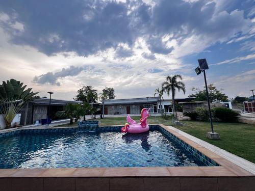a pink inflatable pig in a swimming pool at Baan Bua Homestay & Poolvilla in Ban Pa Mak (1)