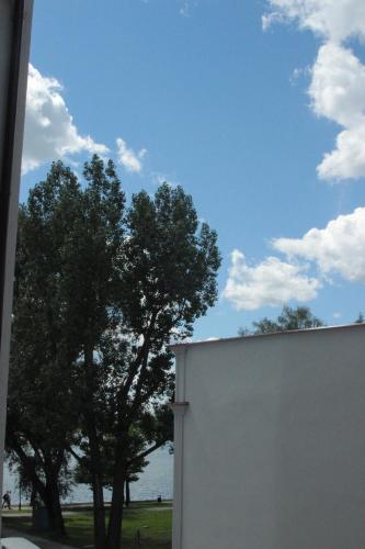 a white wall with trees and a blue sky at Kuredu / Uroa w Krainie Alicji in Ełk