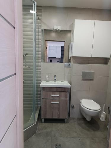 a bathroom with a toilet and a sink and a shower at Rent Inn Yerevan on Koghbaci Street in Yerevan