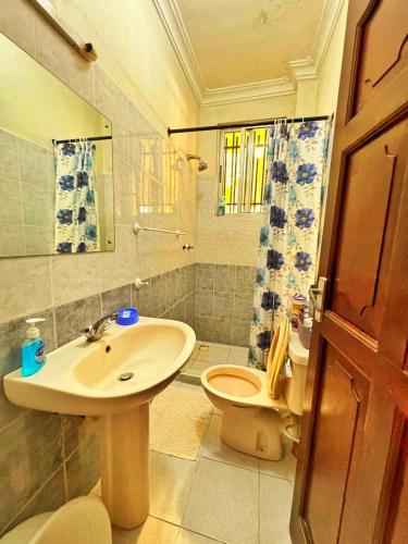a bathroom with a sink and a toilet at Shanzu Oceanline Comforts Apartments in Mombasa