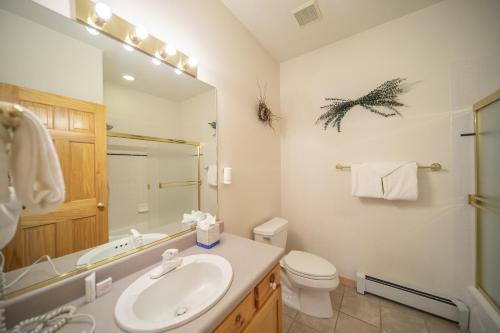 a bathroom with a sink and a toilet and a mirror at Snake River 44 by SummitCove Lodging in Keystone