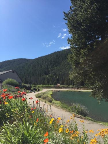 a body of water with a bunch of flowers at Montezuma 1770 by SummitCove Lodging in Keystone