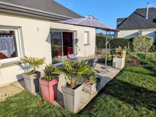 a patio with potted plants in front of a house at Derrière l'étang- maison moderne in Pordic