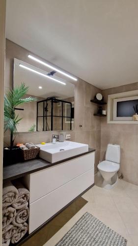a bathroom with a white sink and a toilet at Rancho Apartment with King size bed in Sula