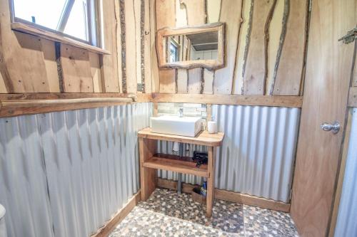 a bathroom with a sink and a mirror at Cabaña en Pucon in Pucón
