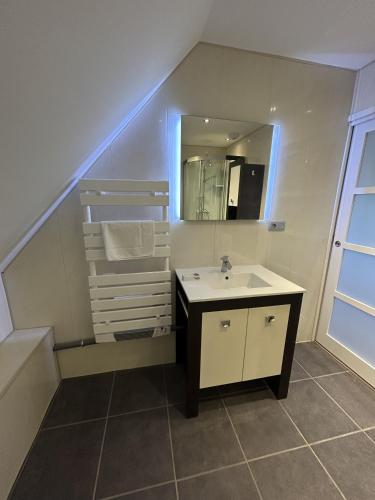 une salle de bain avec un lavabo et un miroir dans l'établissement KER IZEL - Grande maison au calme avec spa, au Conquet