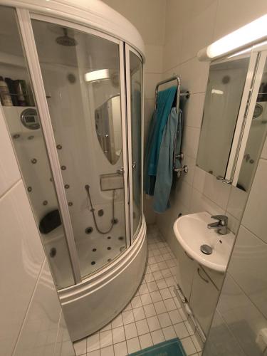 a bathroom with a shower and a sink at Spacious and bright apartment for 4 in Helsinki