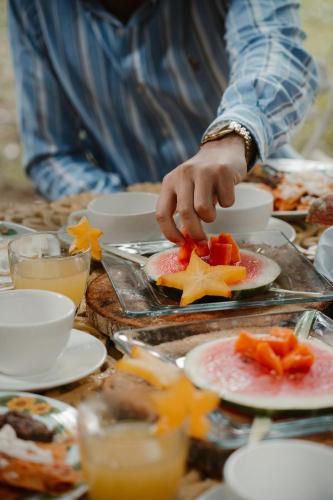 een persoon die fruit op een bord op een tafel snijdt bij Mango Selva Bio Hotel in Actopan