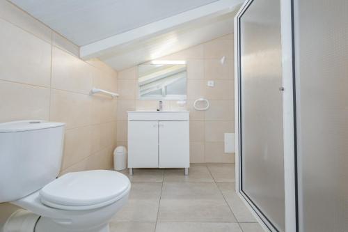 a bathroom with a toilet and a sink and a shower at Casa Vale da Laurissilva in São Vicente