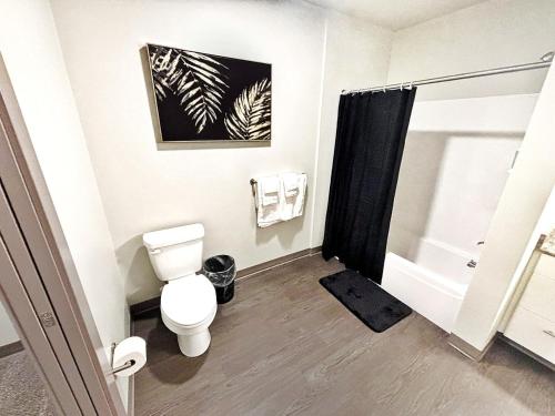 a bathroom with a toilet and a shower at The Green Onyx Escape in Des Moines