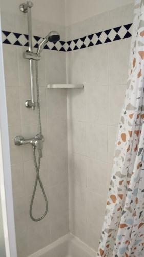 une douche avec pommeau de douche dans une salle de bain dans l'établissement Charmant Studio avec coin nuit proche plage, aux Lecques