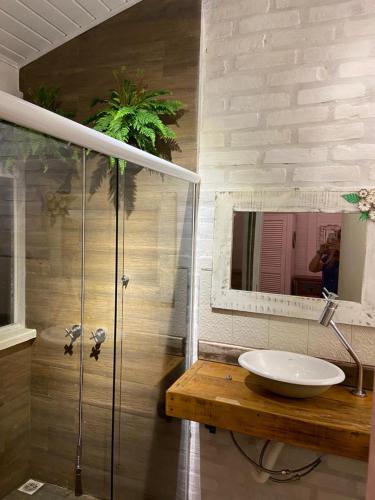 a bathroom with a sink and a mirror at Canto das Águas in Camanducaia