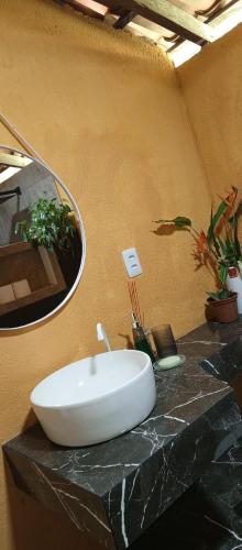 a white sink on a black counter with potted plants at Casa Raizes Pousada in Ilha Cotejuba