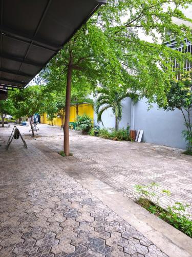 a walkway with a tree and a building at Long Homestay Mỹ Hạnh - Hotels in Ðức Hòa