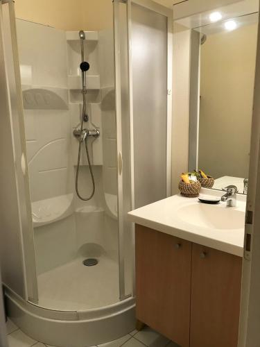 une salle de bain avec douche et lavabo dans l'établissement T2 Centre de Luchon, à Luchon