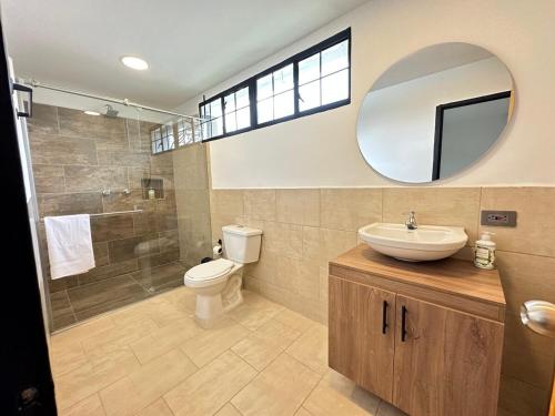 a bathroom with a sink and a toilet and a mirror at Almendros 1- Apartamento rural con aire acondicionado in Armenia