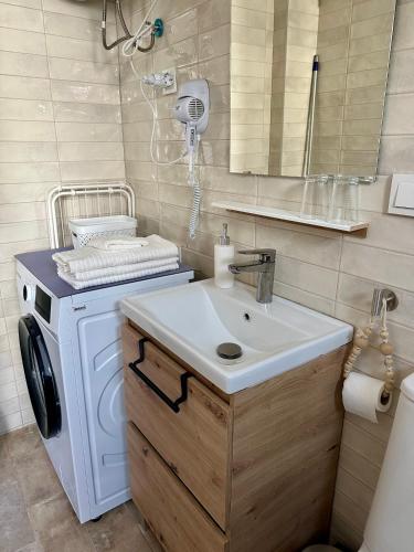 a bathroom with a washing machine and a sink at La medusa flamenca in Santa Pola
