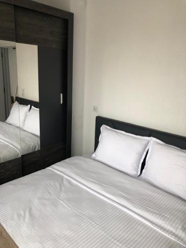 a bedroom with two beds and a mirror at Apartament za gosti Zlatograd in Zlatograd
