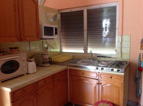 a kitchen with a microwave and a sink and a window at Sun Caraibes in Orient Bay