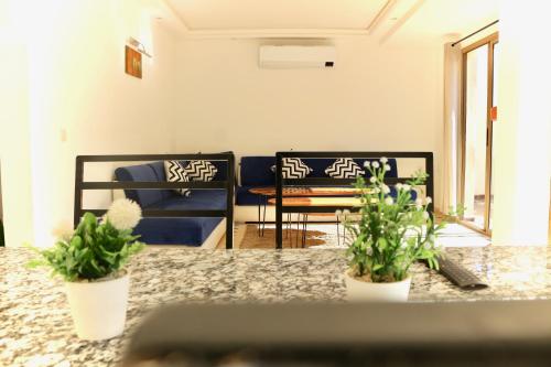 a living room with two potted plants on a table at Villa Paradis in Marrakech