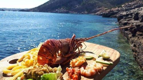 a lobster on a plate of food next to the water at Studio Yakina in El Haouaria