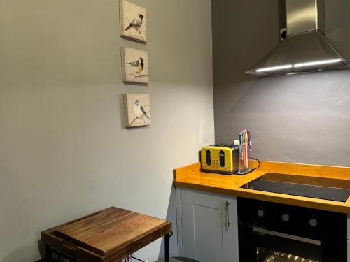 a kitchen with a counter with a toaster and a sink at Hargate Hall Self Catering in Buxton