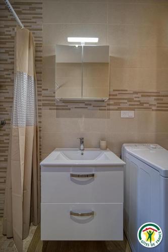 une salle de bain avec un lavabo et une machine à laver dans l'établissement Gîte La Bauge 1 à 7 personnes 26400 Montclar sur Gervanne, à Montclar-sur-Gervanne