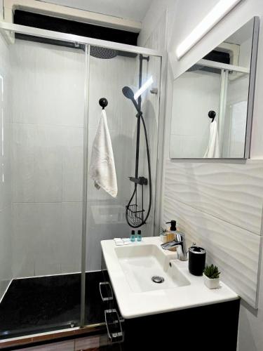 La salle de bains est pourvue d'une douche et d'un lavabo blanc. dans l'établissement Central Super Loft, à Nice