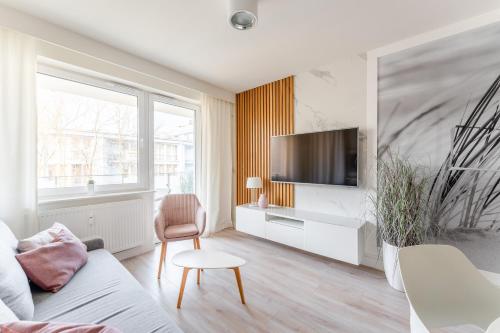 ein Wohnzimmer mit Sofa und Fernseher in der Unterkunft APT Nadmorskie - Bliżej Morza in Kołobrzeg