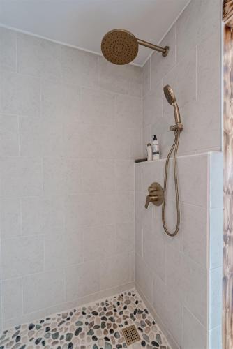 a shower with a shower head in a bathroom at Orion Farmstead in Ovando