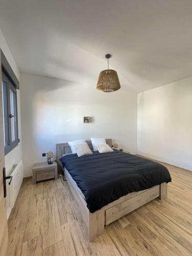 a bedroom with a large bed in a white room at Gîte nature M&J in Calais