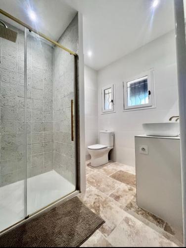 une salle de bain avec douche et toilettes dans l'établissement Maison du Ventoux, à Mormoiron