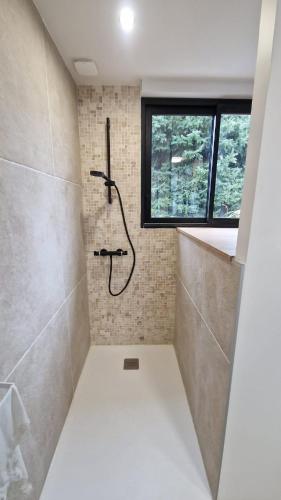 La salle de bains est pourvue d'une douche à l'italienne et d'une fenêtre. dans l'établissement Villa Pessac Bordeaux-bassin, à Pessac
