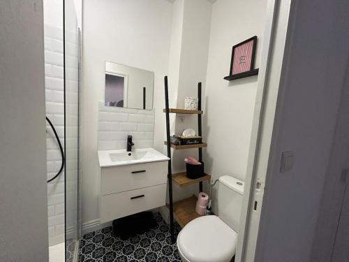 une salle de bain avec des toilettes blanches et un lavabo dans l'établissement Appartement Montélimar, à Montélimar