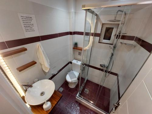 a bathroom with a shower and a toilet and a sink at Sand and Sea in Kavos
