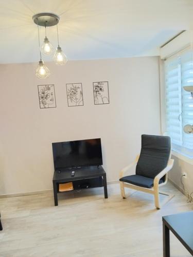 a living room with a chair and a television at Les loges de Véro - Rez-de-chaussée - Parking privé - Garage vélo et moto - LOGEMENT NEUF - 5 couchages - 2 chambres - 1 canapé convertible - WIFI - Climatisation - Géré par Presta-Zen'Services in Thierville-sur-Meuse