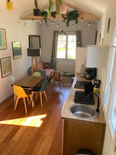 une cuisine et un salon avec un évier et une table dans l'établissement Petit bijoux, à La Tremblade