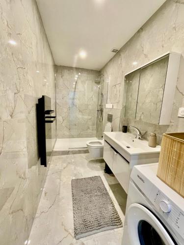 une salle de bain blanche avec un lavabo et des toilettes dans l'établissement Appartement centre ville, à Albertville