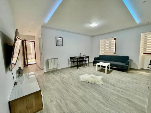 a living room with a couch and a dog laying on the floor at Appartement centre ville in Albertville