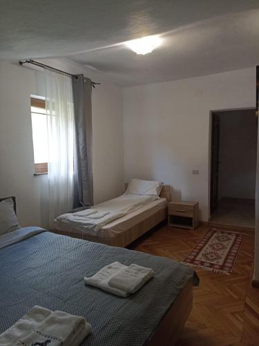 a bedroom with two beds and a window at Pensiunea Costesti in Costeşti