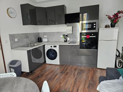 a kitchen with a washer and dryer in it at Les sureaux, le charme du centre de perpignan in Perpignan