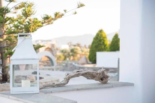 a white lantern and driftwood on a shelf with a view at Zoe & Zen Collection in Kampos Paros