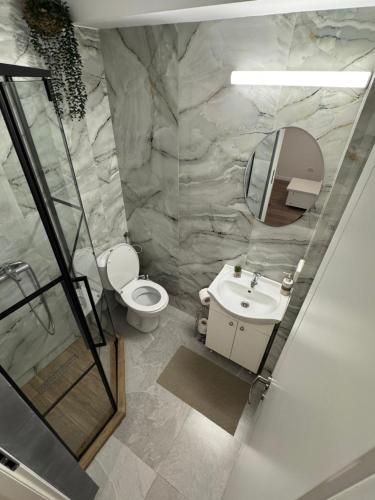 a bathroom with a toilet and a sink and a mirror at Studio Luca in Eforie Nord