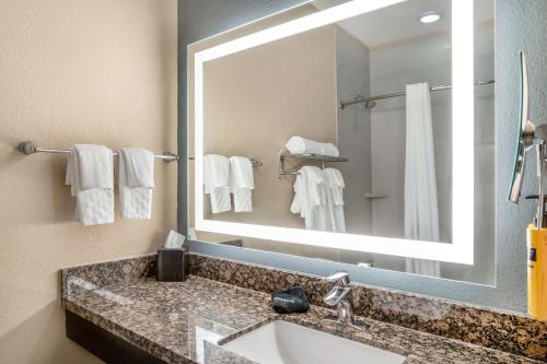 a bathroom with a sink and a large mirror at Best Western Plus Lake Jackson Inn & Suites in Lake Jackson