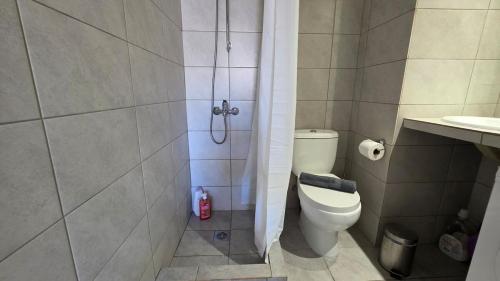 a bathroom with a shower with a toilet and a sink at Cozy Studio 6 in Patra