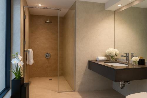 Ένα μπάνιο στο Massive LuxXo Family & Friends House with Terraces, Private Parking, Pool & Quick Access to Dubai Mall